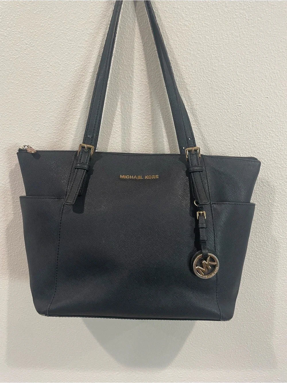 Michael Kors Black Leather Tote with Gold Logo Charm